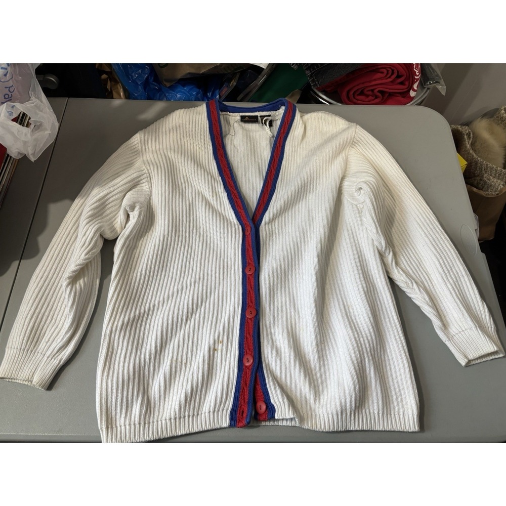 VTG LIZSPORT V-NECK BUTTON M 100% COTTON RIBBED LONG CARDIGAN RED WHITE BLUE‎